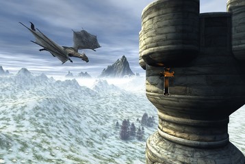 Plakaty  Dragon Tower - Fantasy ilustracja przedstawiająca smoka lecącego w kierunku samotnej wieży w zimowym krajobrazie, ilustracja 3d renderowana cyfrowo