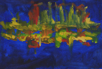 Abstract night landscape with reflection in the river city. Oil painting