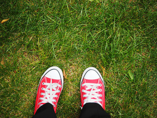Feet in red sneakers on green grass, top view, informal style