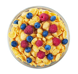 Corn flakes with fresh berries in bowl