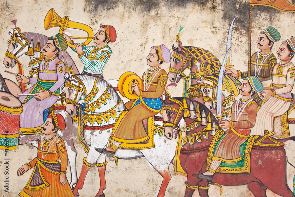 Wall mural wall art in the center of udaipur displaying the level of detail of traditional indian miniature pai