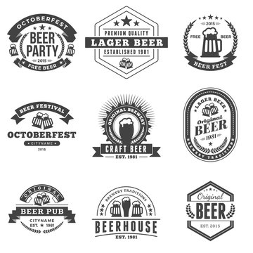 Set of Retro Vintage Beer Badges, Labels, Logos. Black and White Vector Illustration