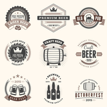 Set of Retro Vintage Beer Badges, Labels, Logos in Brown Colors on Light Background. Vector Illustration