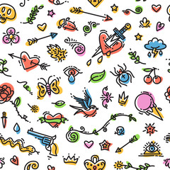 Obraz premium Colorful Funny Old School Tattoo Seamless Pattern