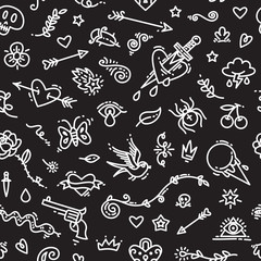 Old School Tattoo Seamless Pattern on Dark