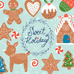 Christmas greeting card design with gingerbread cookies. Hand dr