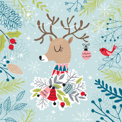 Christmas greeting card design with reindeer. Hand drawing vecto