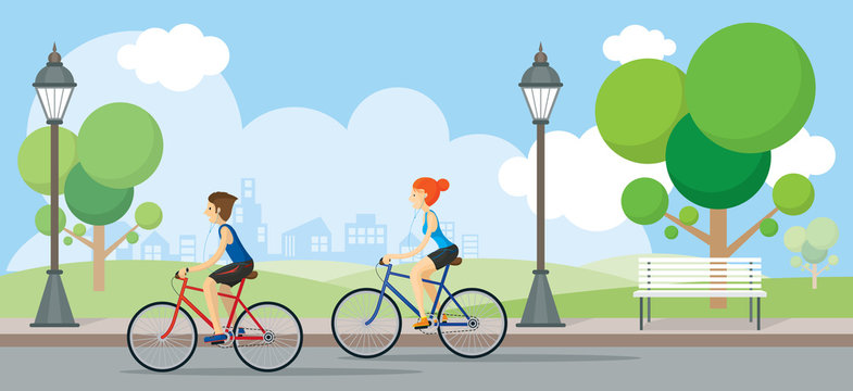 Fototapeta Couple Riding Bicycles In Public Park