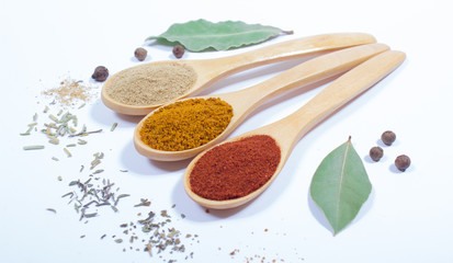 Spice powder. Closeup on paprika, curry and ginger.