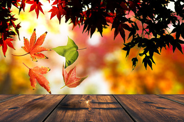 Naklejka na ściany i meble Autumn Leaf With Wood Table