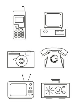 Icon set of retro electronics devices in contour