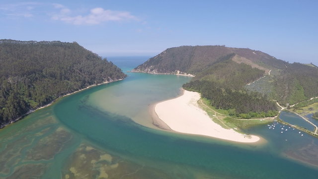 Aerial footage Ria Tina Minor. Nansa River mouth. Municipality of Val de San Vicente, Cantabria. 