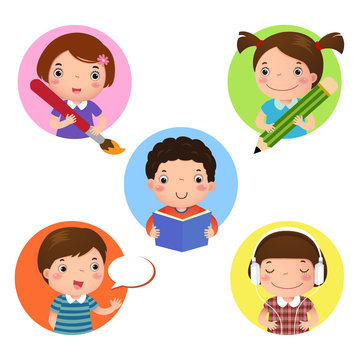 Set of kids mascot learning. Icon for writing, drawing, reading,