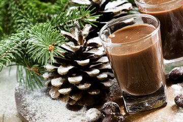 Chocolate drink, candy, pine-needles and cones, selective focus