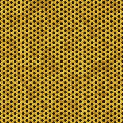 gold metal perforated sheet seamless pattern texture background with honeycomb hexagon shape holes