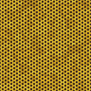 gold metal perforated sheet seamless pattern texture background with honeycomb hexagon shape holes