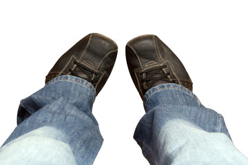 Hipster man whis fashion brown shoes isolated on white