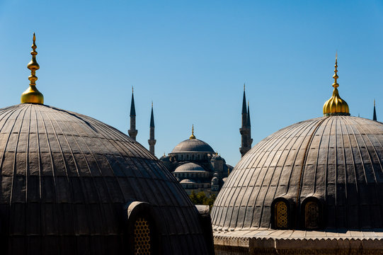 Blue Mosque and Hagia Sofia Domes in Istanbul, Turkey.