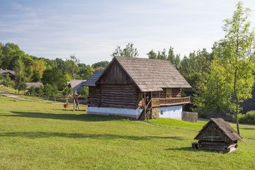 Fototapeta na wymiar traditional wooden farm house on meadow