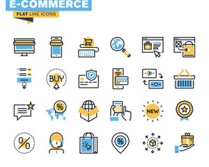 Trendy flat line icon pack for designers and developers. Icons for e-commerce, m-commerce, online shopping and payment, for websites and mobile websites and apps. 