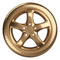 Modern golden car wheel front view isolated on a white backgroun