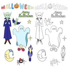Set of cartoon halloween characters and words for colouring