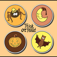Fototapeta premium Set of halloween characters: spider in hat, smiling moon, pumpki