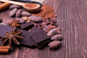 Chocolate, cocoa beans and spices
