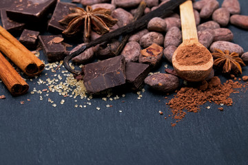 Cocoa, chocolate and spices on black background