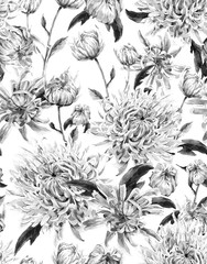 Vintage Monochrome Watercolor Floral Seamless Background  with C