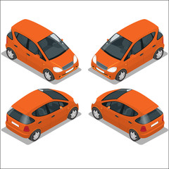 Naklejka premium Flat 3d isometric high quality city transport icon set. Orange car. Mini.