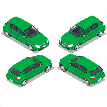 Flat 3d Isometric High Quality City Transport Icon Set. Green Car. Sedan Automobile. 