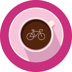 Bicycle in the vector coffee cup. Coffee cup and bicycle in flat design.Round coffee icon. 
