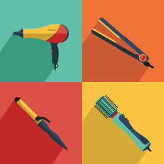 Flat vector cosmetics icons set of hair styling tools for website in pastel colors. Hairdryer, hair curler, hair straightener, hairdryer brush.