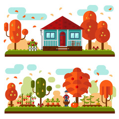 Vector flat illustration of autumn landscapes. Blue house with red roof and terrace, flowers. Garden with apple, pear trees, beds of carrots, peas, tomatoes, pumpkin, turnip. Gardener with a basket.