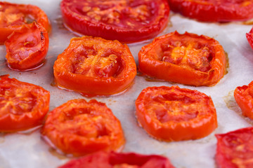 Dried tomatoes in a baking tray