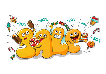 Funny characters of sale: letters with sweets on white background 