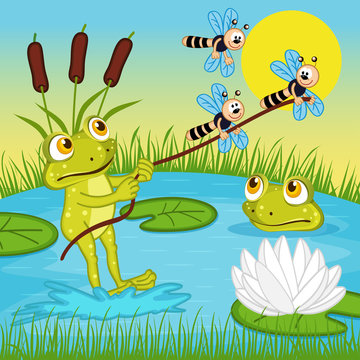 frog ride on the lake - vector illustration, eps