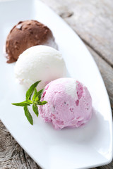 Ice cream on plate on grey wooden background