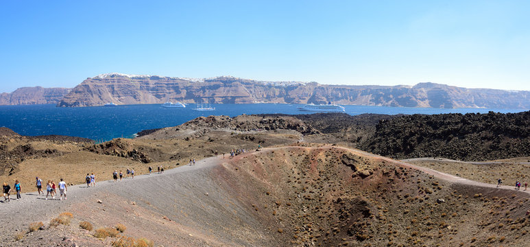 Pnorama view on Santorini island volcano crater, Greece