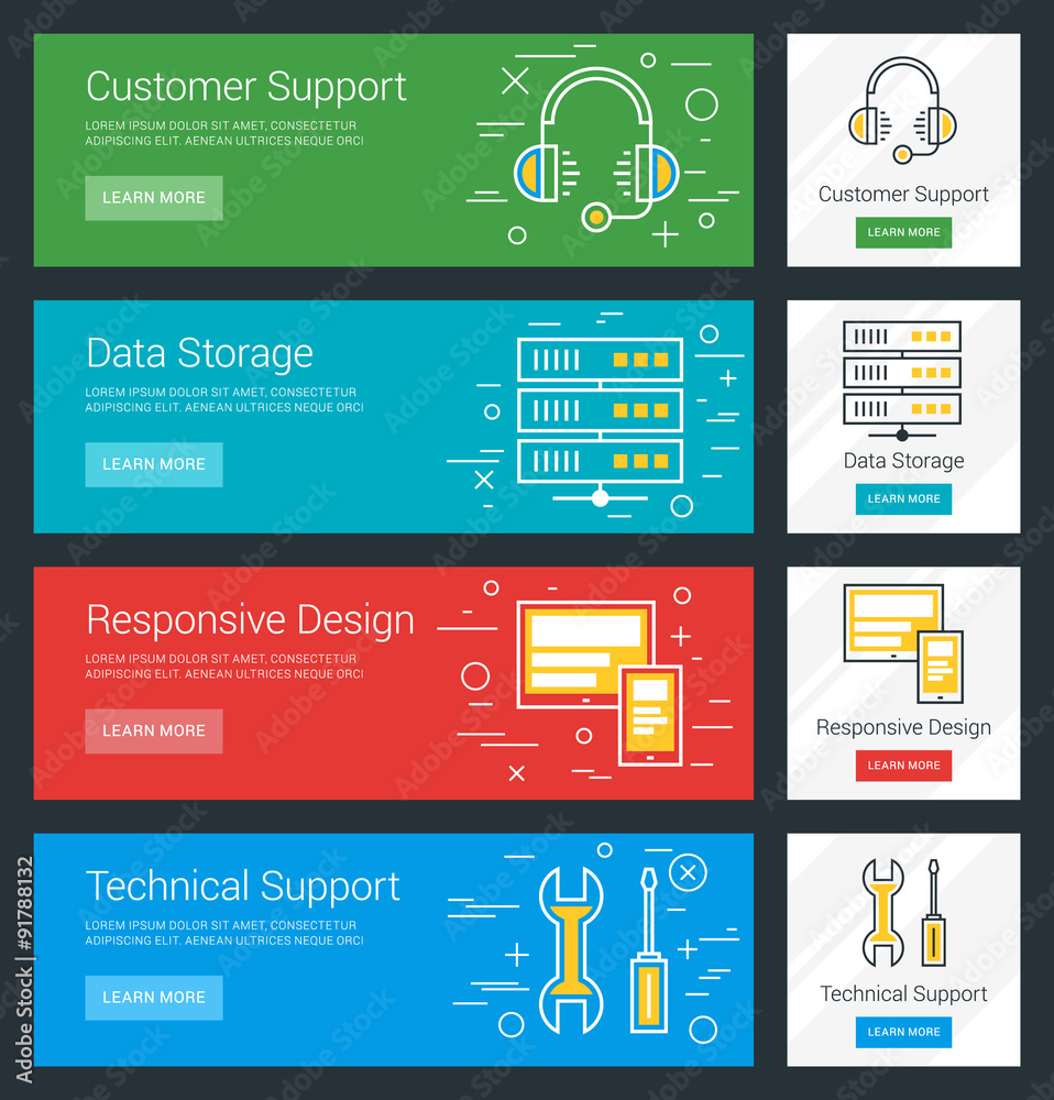Wall mural customer support. data storage. responsive design. technical support. flat design concept. set of ve