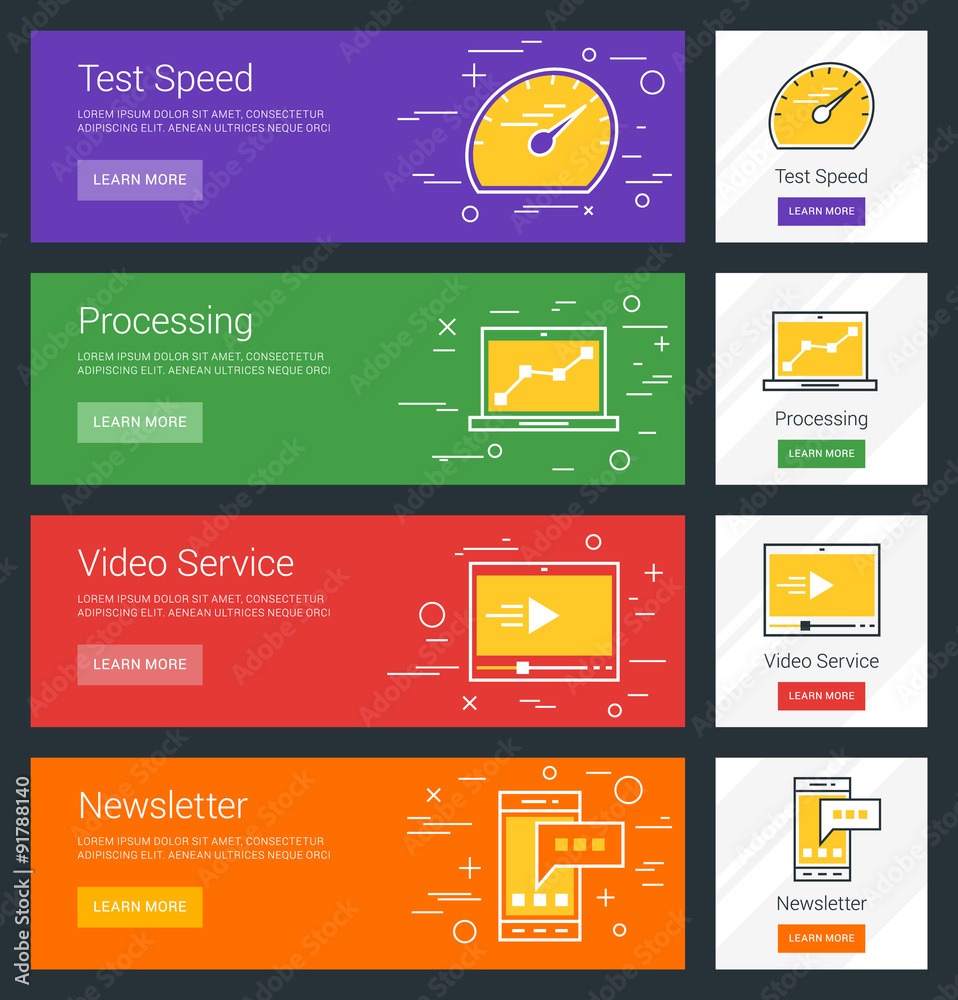 Wall mural test speed. processing. video service. newsletter. flat design concept. set of vector web banners