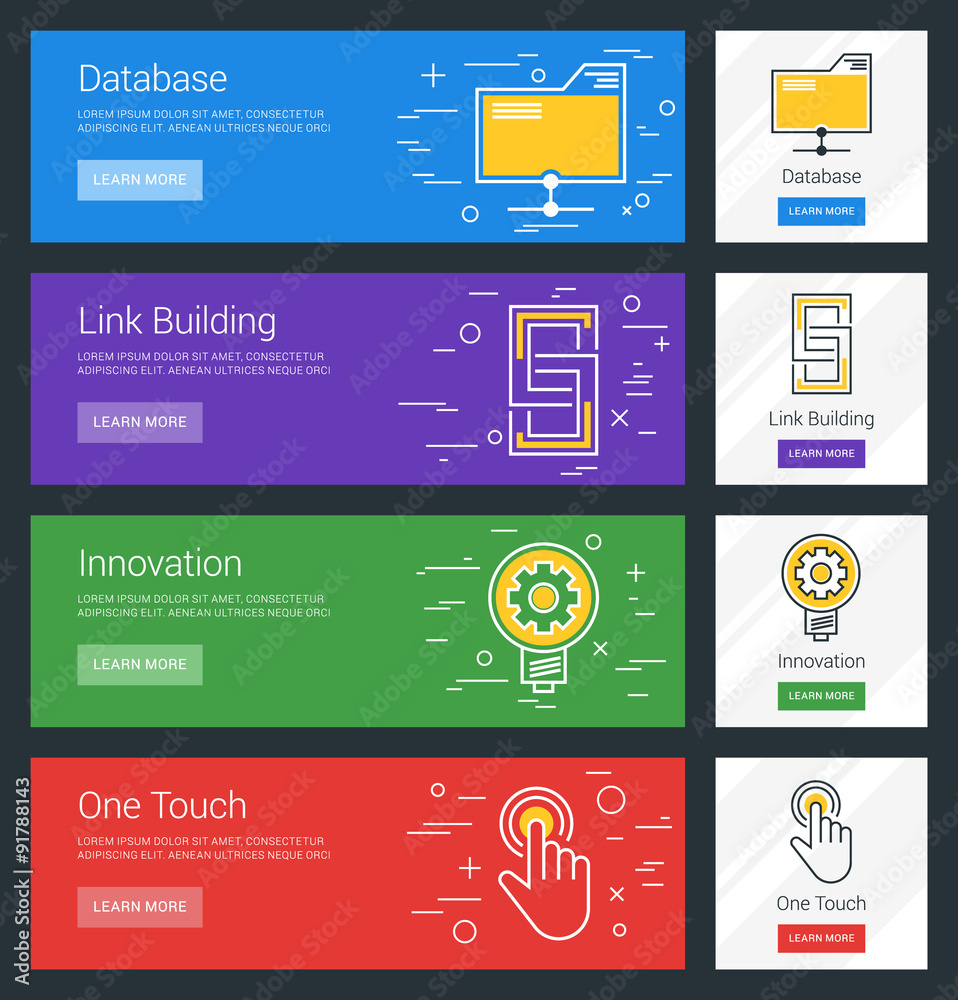 Poster database. link building. innovation. one touch. flat design concept. set of vector web banners