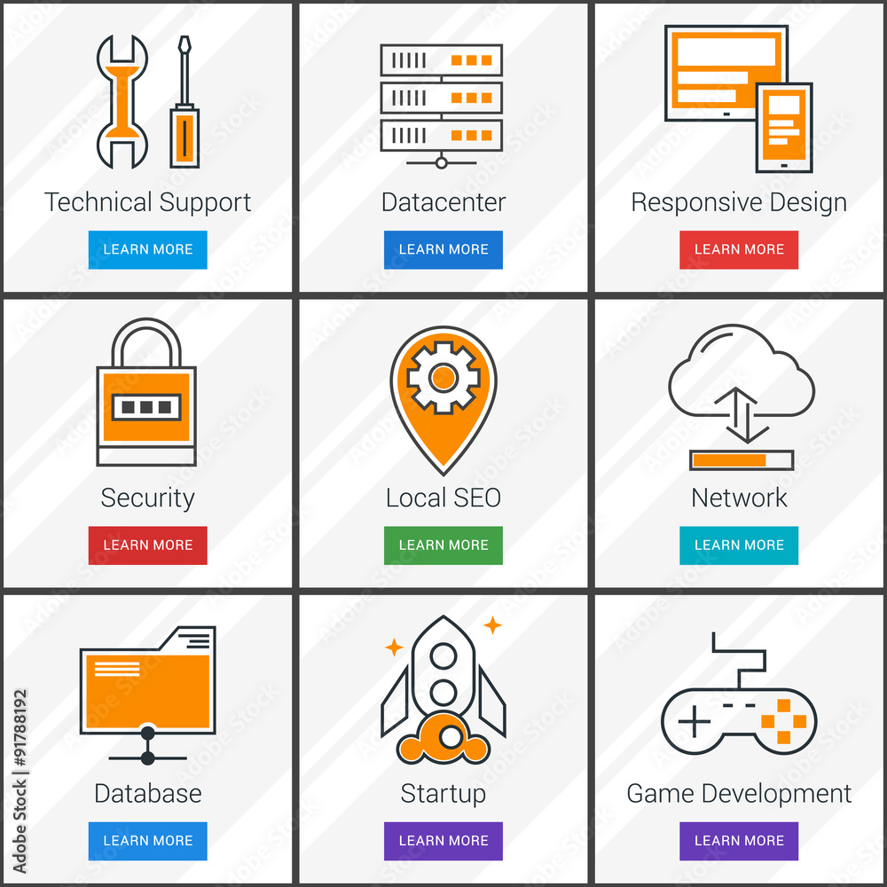 Wall mural technical support, data storage, network, startup, internet security. flat design concept. set of ve