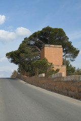 Turm Gebäude eckig ziegelrot fensterlos nebst Nadelbaum an Asphaltstraße