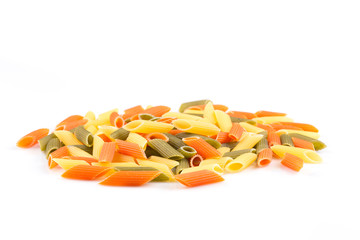 Raw colored pasta isolated on white background