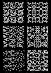 Set of classic patterned tiles, ornament composed from spiral, white drawing on black background