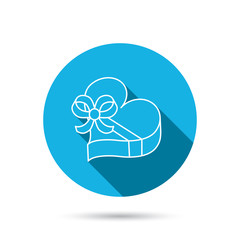 Love gift box icon. Heart with bow sign.