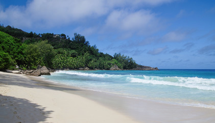 Fototapeta na wymiar Sandy Anse Takamaka beach in Mahe, Seychelles