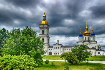 Fototapeta na wymiar Tobolsk Kremlin courtyard Sophia-Assumption Cathedral panorama m